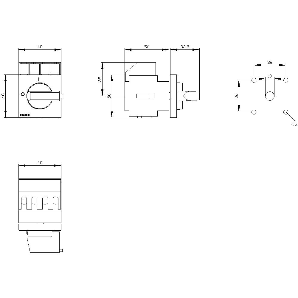 Technical drawing of a switch with front view, side view, and drilling template. Dimensions: 48x48mm front, 50mm depth.