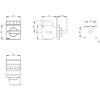 Technical drawing of a switch with front view, side view, and drilling template. Dimensions: 48x48mm front, 50mm depth.