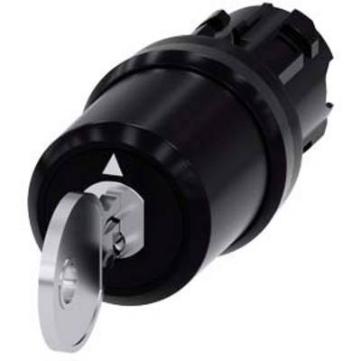 Black cylindrical padlock with a silver key inserted. The key is pointing forwards.