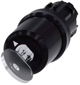 A black, cylindrical component with a metal key inserted into a lock mechanism.