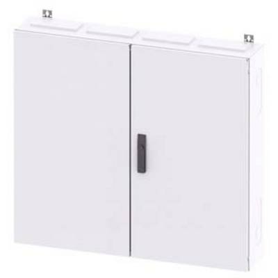 White metal box with two doors and a black handle, presumably an electrical cabinet or distribution box, mounted on the wall.