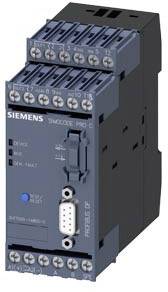 A grey Siemens SIMOCODE Pro C module with connections and a blue button.
