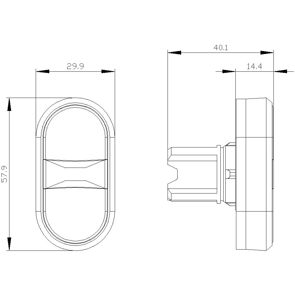 Technical drawing of an oval handle with precise dimensions in millimetres: 57.9 x 29.9 front view, 40.1 x 14.4 side view.