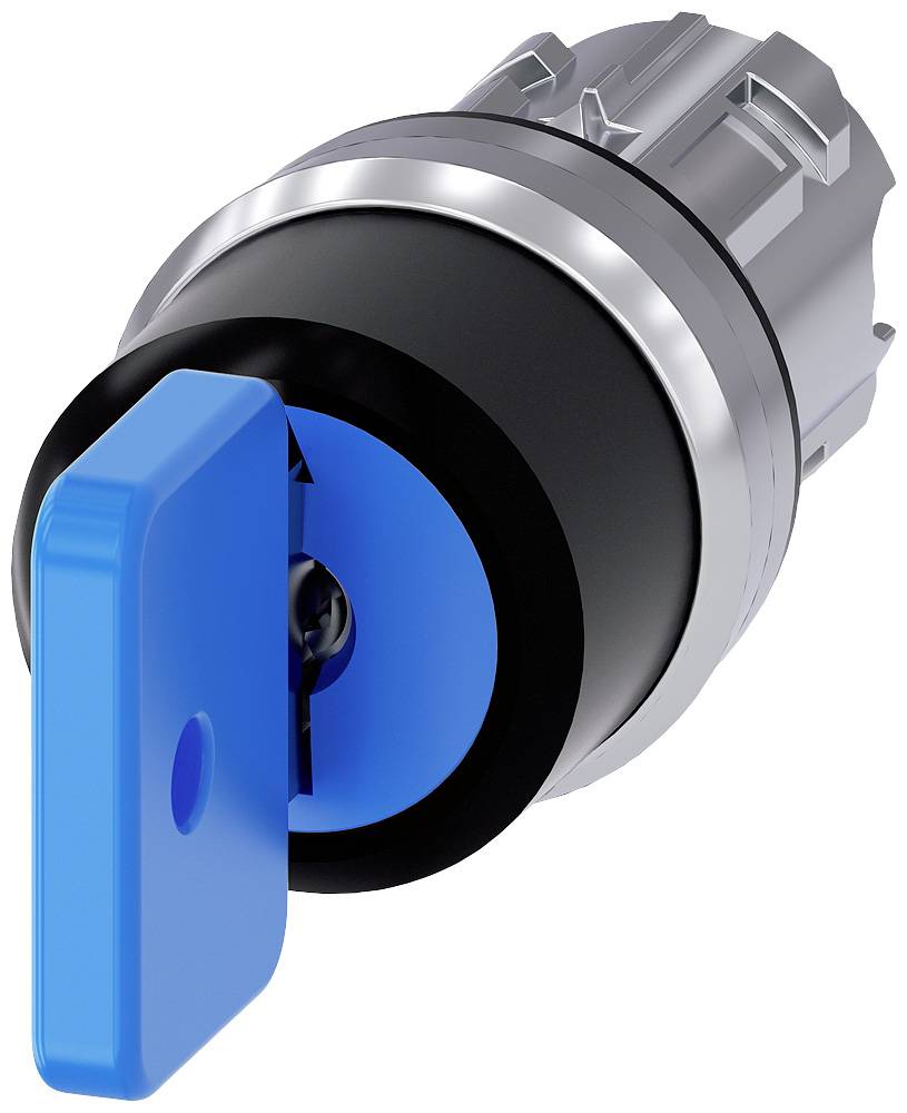 Blue key switch in a silver setting, indicating a position.