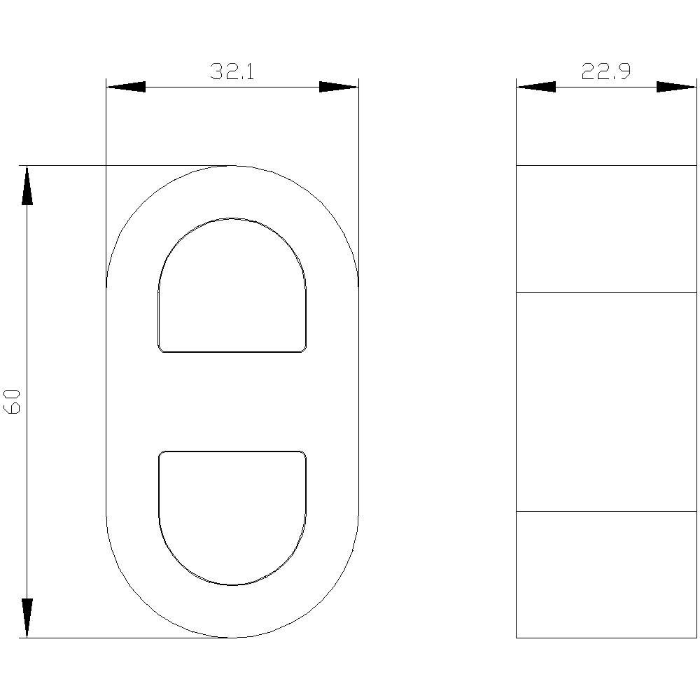Technical drawing of an oval metal component. Dimensions: 60 mm height, 32.1 mm width on the left, 22.9 mm width on the right.