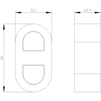 Technical drawing of an oval metal component. Dimensions: 60 mm height, 32.1 mm width on the left, 22.9 mm width on the right.