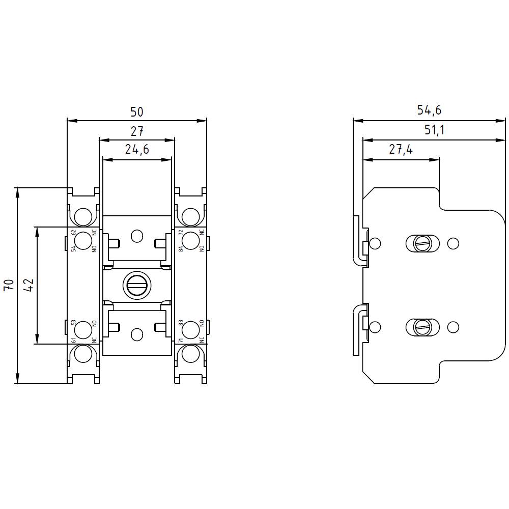 Technical drawing of a component with dimensions. Left: Height 72, Width 50. Right: Width 54.6, Depth 27.4.