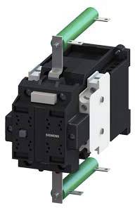 'Contactor with green terminals and black housing by Siemens, used in industrial applications to control and protect electrical circuits.'
