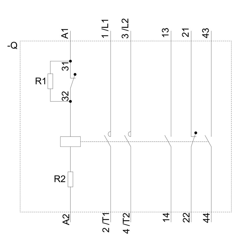 'Circuit diagram with switch A1, resistors R1, R2, and conductors 1/L1, 3/L2, 2/T1, 4/T2. Connections and nodes are marked.'