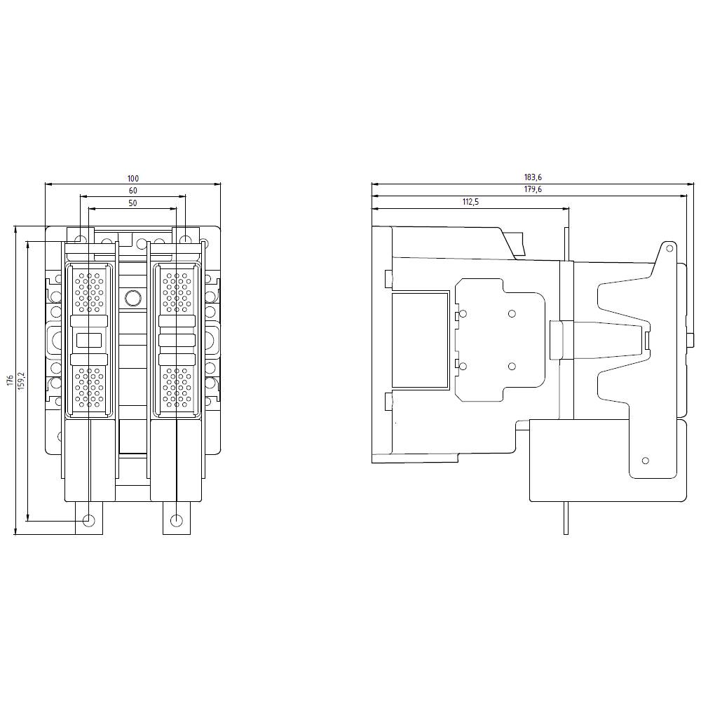 Technical drawing of an electrical connector with dimensions 100x173.6 mm. Front and side view with connection details.