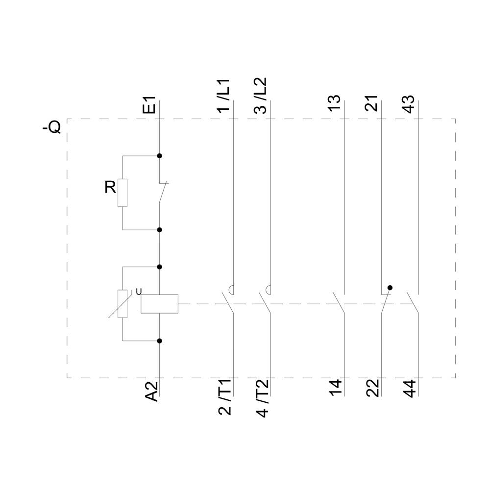 'A circuit diagram with switches, resistance R and conductors E1, A2, T1/T2, L1/L2, L3/L2. Diagram shows connections and switching states.'