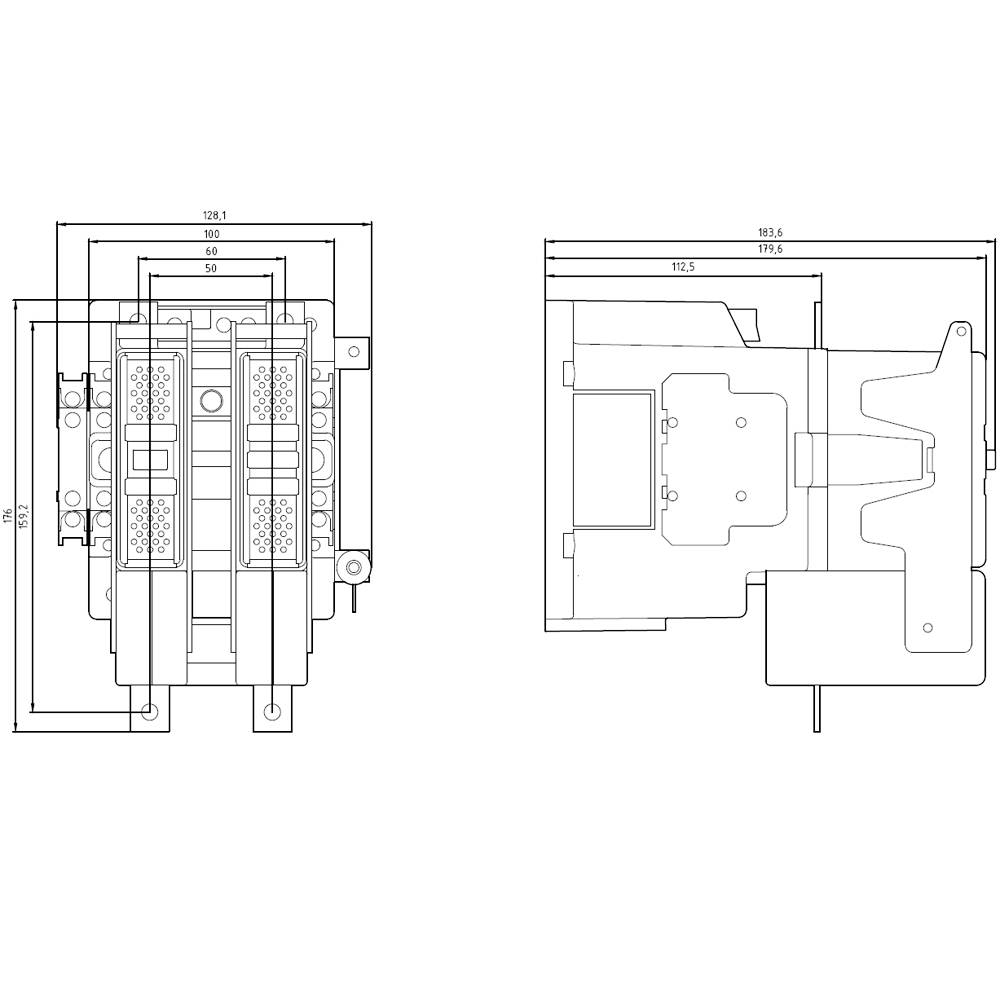 Technical drawing showing two views of an electrical switching device with dimensions. Left: front view, right: side view.