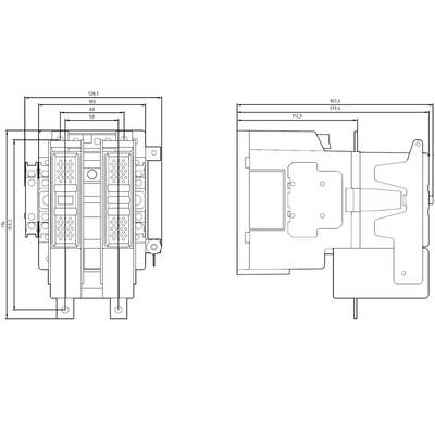 Technical drawing showing two views of an electrical switching device with dimensions. Left: front view, right: side view.