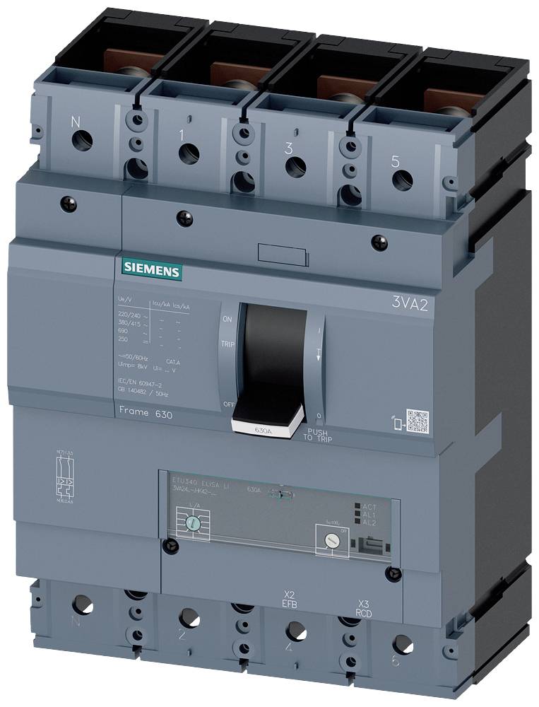 A Siemens circuit breaker of type 3VA2, four-pole, in grey colour, for controlling electrical circuits and protecting against overload.