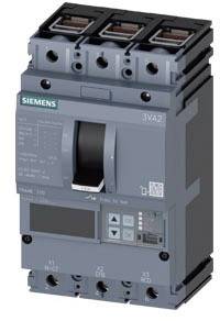 A Siemens 3VA2 circuit breaker with a grey front panel and digital displays. It has three connections at the top and bottom.