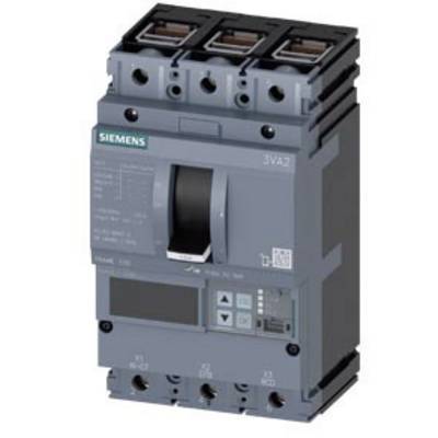 A Siemens 3VA2 circuit breaker with a grey front panel and digital displays. It has three connections at the top and bottom.