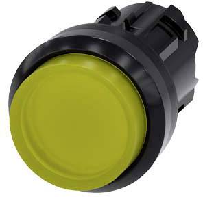 A round, yellow plastic button with a black border, commonly used in industrial or machinery control applications.