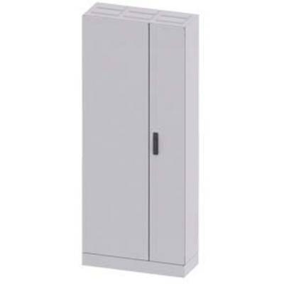 Grey, narrow filing cabinet with two doors and a black handle.