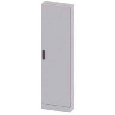 Grey, narrow wardrobe with a black handle.