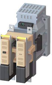 Industrial circuit breaker in a perspective view with two yellow upper contacts, grey-blue body and black lower connections.