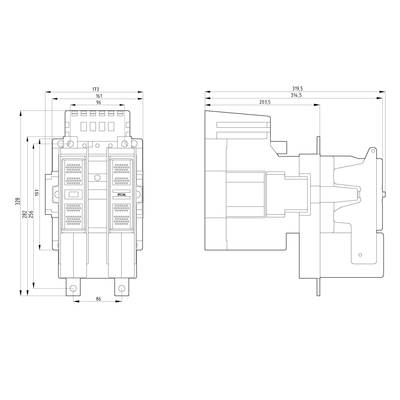 Technical drawing of an electrical switch with front and side views. Dimensions are specified, including height, width, and depth.