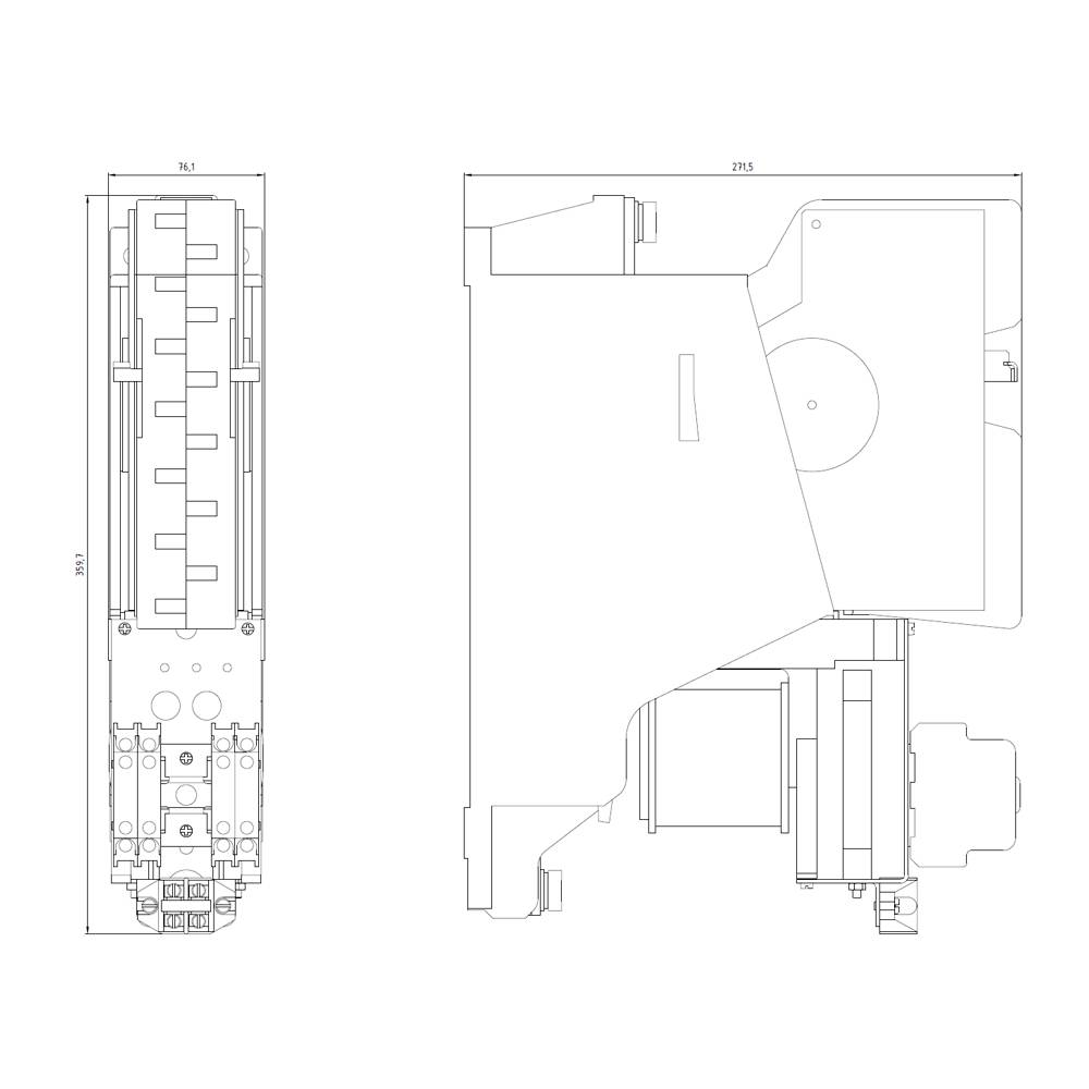 Technical drawing of a complex mechanical component with dimensional specifications. Displays front and side views for manufacturing purposes.