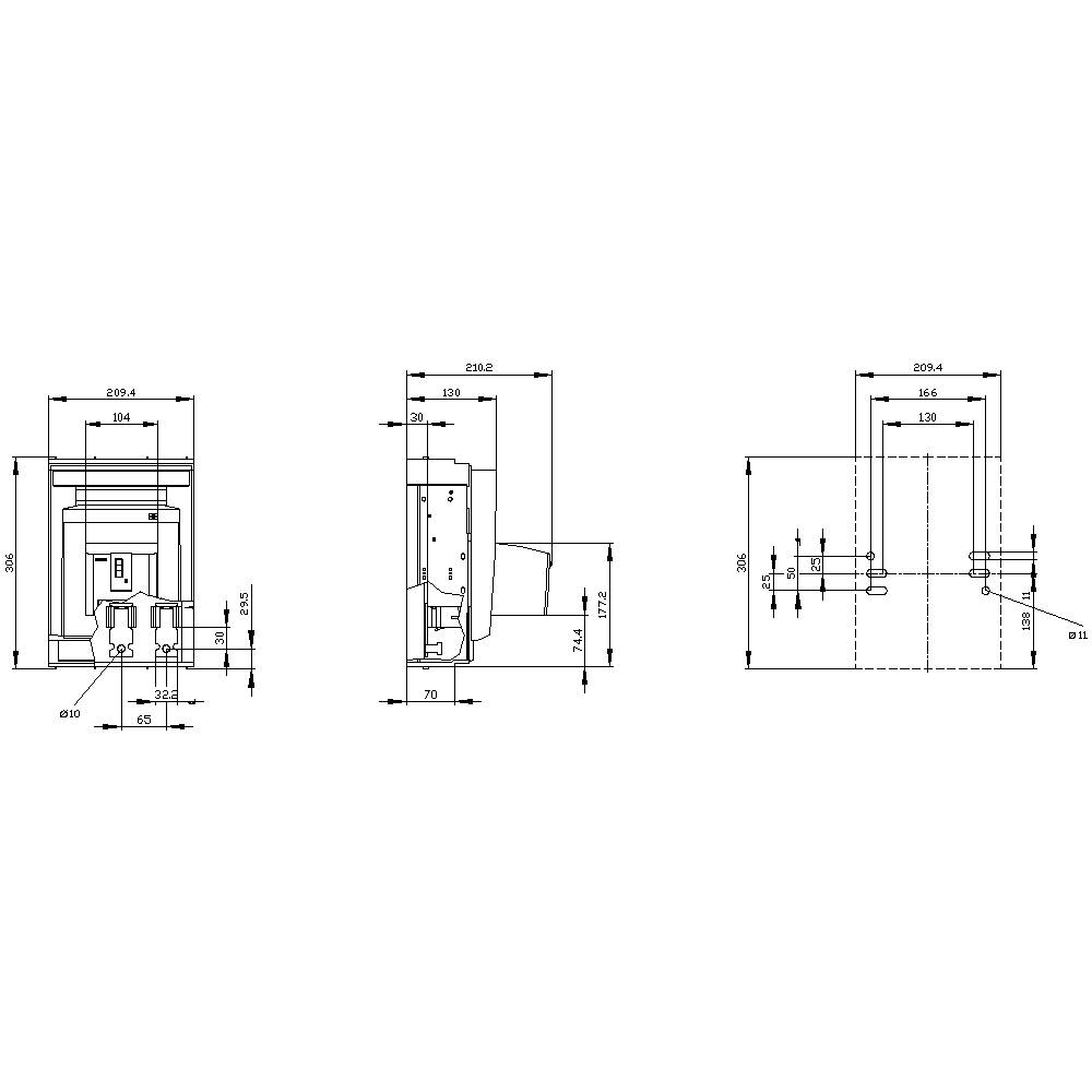 'Technical drawing of an electrical switchboard with details of heights, widths, and depths in millimetres. Shows three views.'
