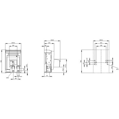 'Technical drawing of an electrical switchboard with details of heights, widths, and depths in millimetres. Shows three views.'