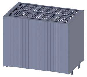 A blue-grey metal enclosure in a rectangular shape with ventilation slots at the top, stands on four feet.