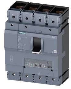 'Grey Siemens power circuit breaker with four terminals, lever in the centre for switching on and off.'