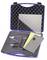 An open suitcase with foam lining, containing a pair of pliers, scissors, a rectangular transparent sheet, a yellow sheet, and a grey object.