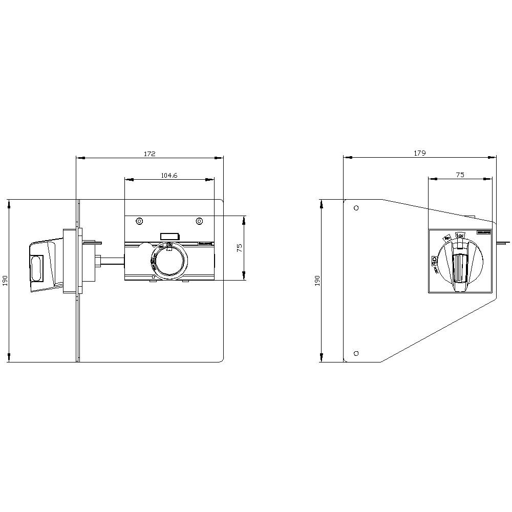 Technical drawing of a rectangular mounting bracket with a switch. Dimensions are specified: 172 mm length, 159 mm height, 179 mm depth.