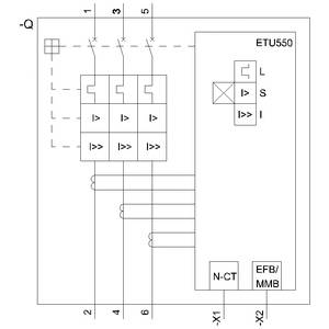 Circuit diagram of a power circuit breaker with labels 'ETU550', 'N-CT', and 'EFB/MMB', including phases L1, L2, L3 and current intensity symbols.