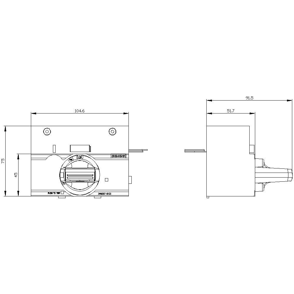 Technical drawing of a device with side and front views. Dimensions: 104.6 x 91.5 x 51.7 mm. Detailed labelling of components.