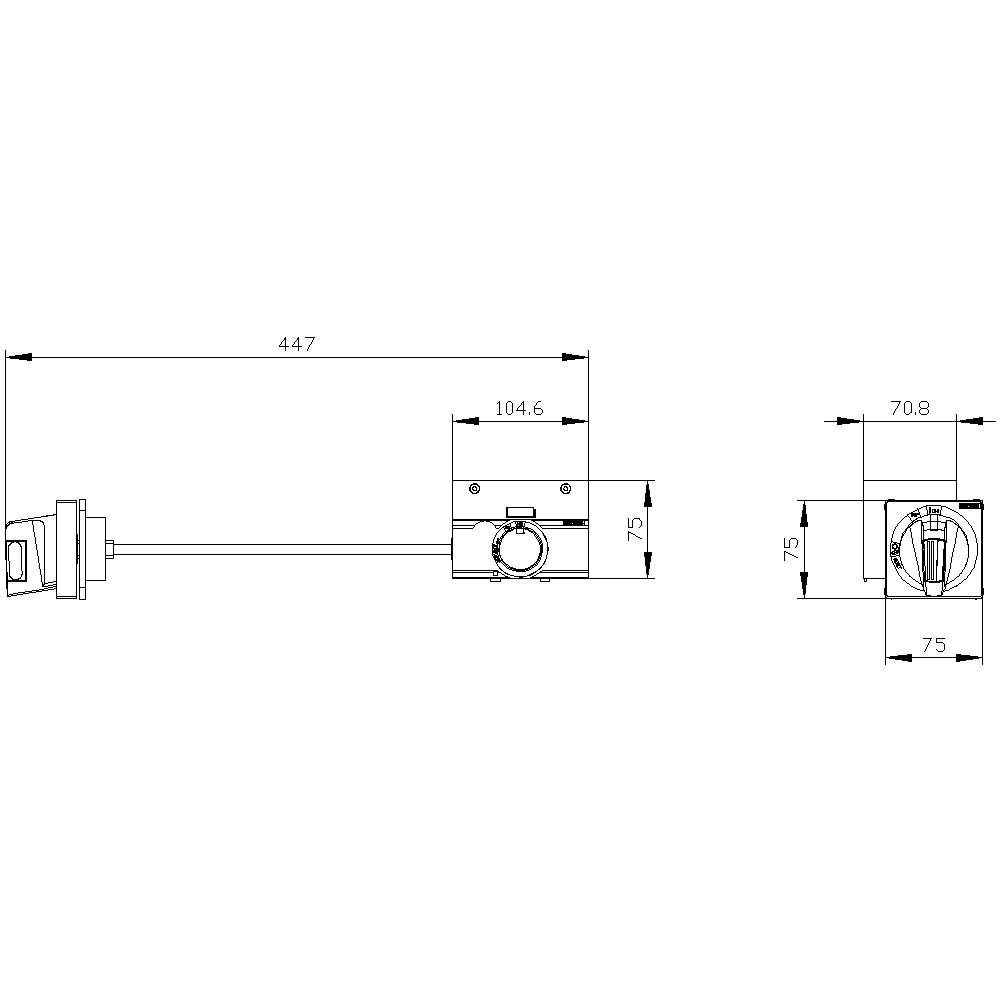 Technical drawing of an electronic component with dimensional units. Left 447 mm, right 70.8 mm, height 75 mm, further details visible.