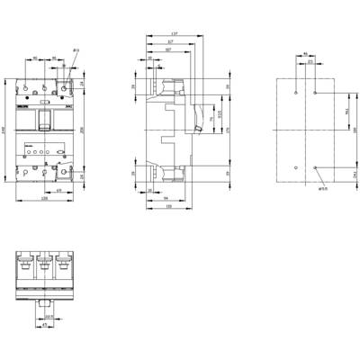 Technical drawing of a component with dimensions and views from different perspectives, showing details and measurements for manufacturing.