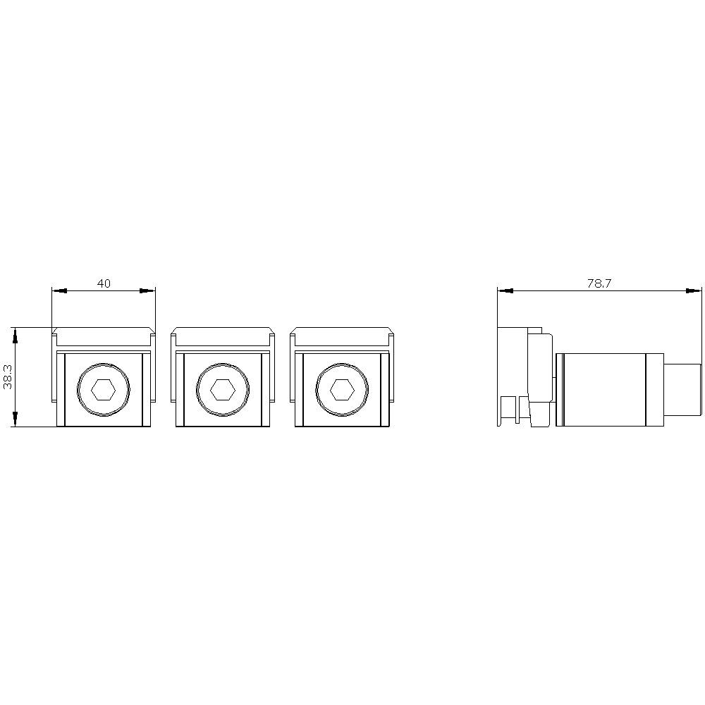 Technical Drawing: Side View and Front View of Three Square Components with Arrow to Dimensions, 40x38.3x78.7 mm.