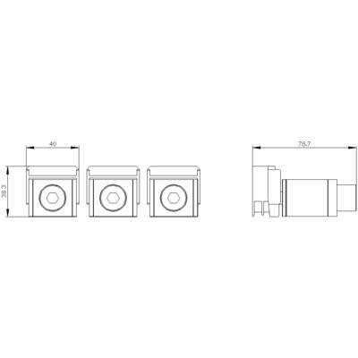 Technical Drawing: Side View and Front View of Three Square Components with Arrow to Dimensions, 40x38.3x78.7 mm.