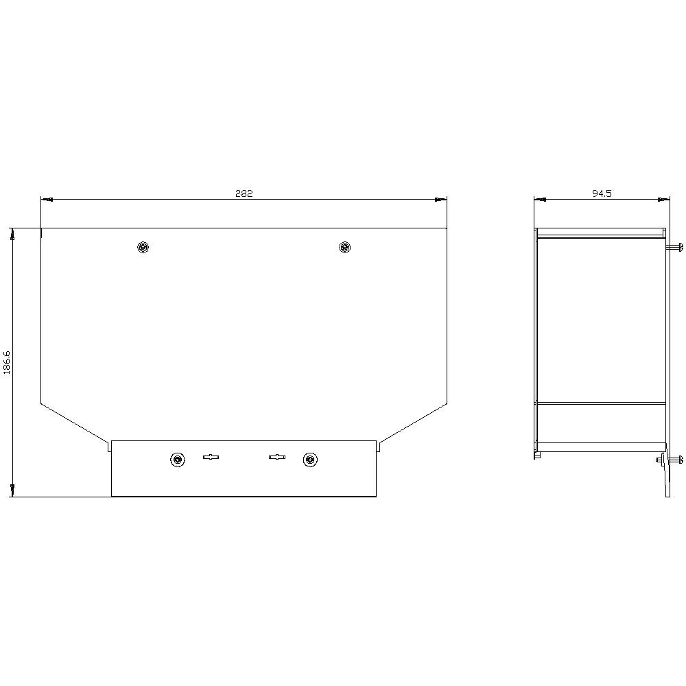 Technical Drawing: Two views of a rectangular container with its dimensions. Front view: 282 mm width and 256 mm height. Side view: 94.5 mm depth.
