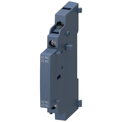 Narrow, blue electrical component with four labels: '41 NC', '31 NC', '32 NC', '42 NC'. It contains two screw holes.