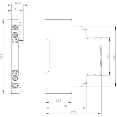 'Technical drawing of a component with dimensions: 14.3 mm, 32.3 mm, 45 mm, 50 mm, 67.5 mm, 72.7 mm and 89.4 mm. Side and rear view.'