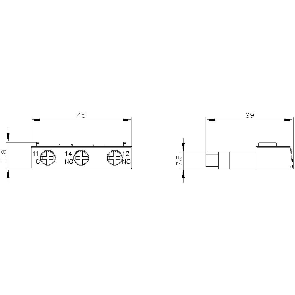 Drawing of an electrical switch with dimensions: width 45 mm, height 11.8 mm, depth 39 mm. Connection terminals 11 C, 14 NO, 12 NC.