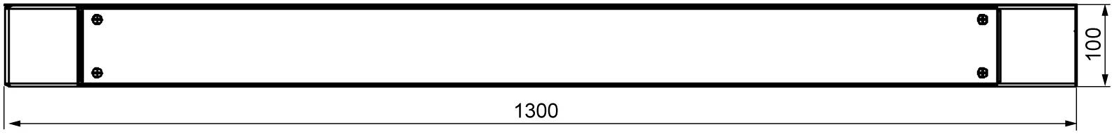 Technical drawing of a rectangular component with dimensions 1300 mm x 100 mm. Screw holes are visible at the corners.