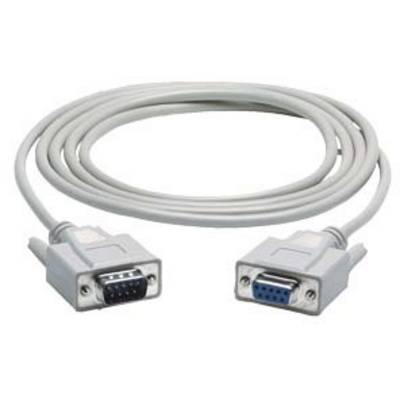 Grey serial null modem cable with nine-pin connectors, used for connecting and data transmission between devices.