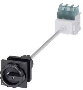 Rotary switch with a long shaft and black handle, connected to an electrical terminal block.