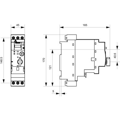Technical drawing of an electrical switching device with dimensions. Front and side view, measurements in millimetres.