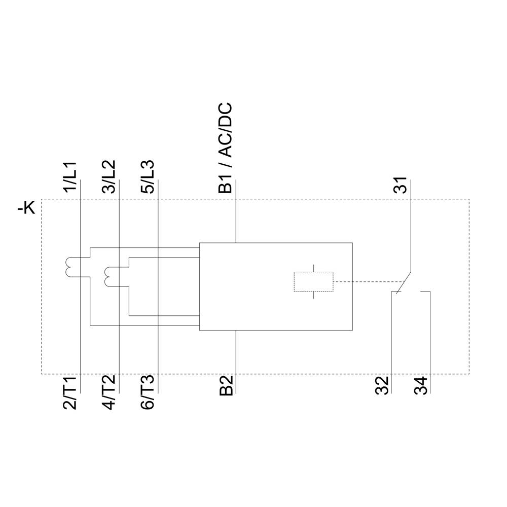 The circuit diagram shows an electrical switching module with terminal designations: 1/L1, 3/L2, 5/L3, 2/T1, 4/T2, 6/T3, and B1 for AC/DC.