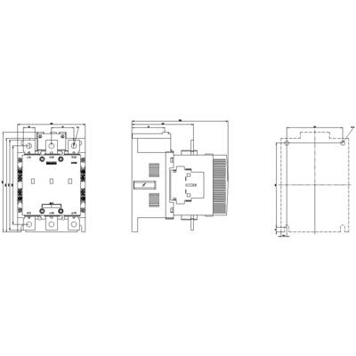 'Three-view drawing of an electrical component: Front view, side view and top view with technical details and dimensions.'