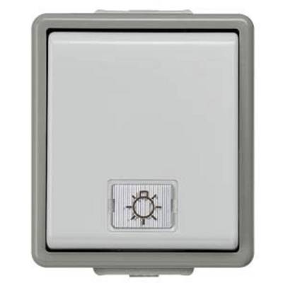 A square light switch with a small sun symbol at the bottom, indicating a function for controlling outdoor lights.