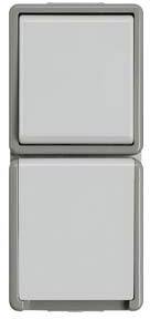 Two grey light switches stacked one above the other on a neutral background.